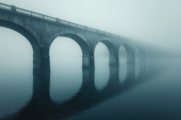 A dark grey bridge in the fog