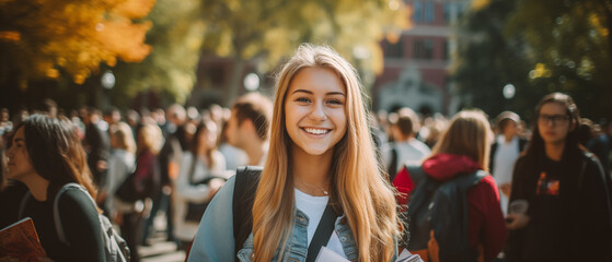 Bright young female student with flowing hair, smiling amongst her peers on a crowded college campus, with historic academic buildings in the backdrop, highlighting the spirit of higher education. - obrazy, fototapety, plakaty