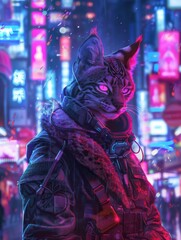 Fototapeta na wymiar Futuristic anthro lynx in cyberpunk fashion, neon lights, dynamic city night
