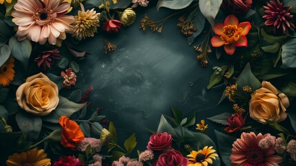 Elegant floral arrangement on a dark textured background with central copy space