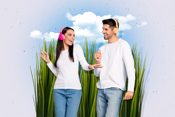 Composite collage image of young couple enjoy nature listen music headphones dating disco weird...
