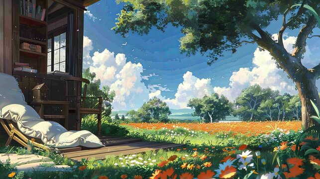 Digital illustration of a cozy cabin room opening up to a lush meadow and a clear sky, embodying a peaceful retreat into nature. Countryside Cabin Room with Open Nature View lofi anime cartoon

