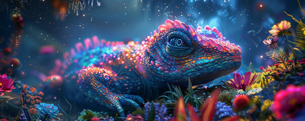 An otherworldly alien creature with iridescent scales, in a lush alien jungle