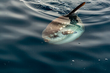 Mola mola sun fish on sea surface while eating velella jellyfish - 779796240