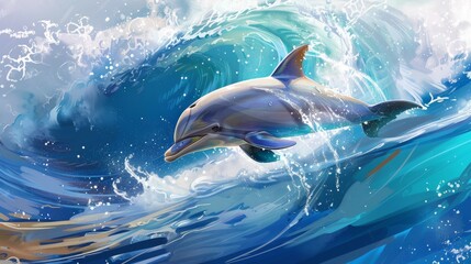 Sleek anthro dolphin in swimwear fashion, dynamic water splash, oceanic grace