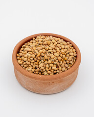 Food ingredient. Small beans in brown clay bowl on white background