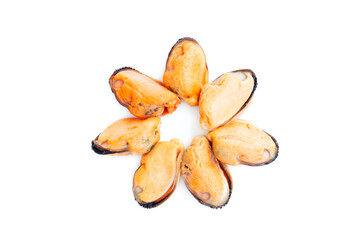Peeled Mussels isolated on white background, Sea Food