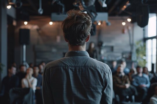 Back view of a male speaker talking to an attentive audience during a corporate business conference in a modern venue.