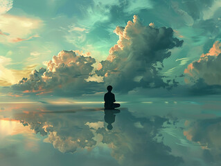 A figure sitting under a sky of thought clouds, depicting a moment of calm reflection and mental relaxation - 779797033