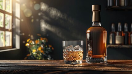 Bottle mockup of whisky and a glass of whisky on a wooden table