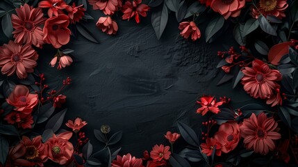 Elegant red flowers and dark leaves on a black background