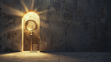 A giant key approaching a keyhole, representing the moment of discovering a solution and gaining insight in a business challenge - obrazy, fototapety, plakaty