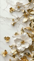 Chic background with a white marble texture and luxurious golden flowers. Vetical. 