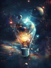 Cinematically lit light bulb, crisply detailed against a complex solar system background, achieving a photo-realistic effect.