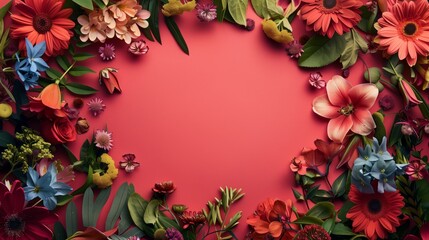 Vibrant floral border with a variety of colorful flowers on a red background