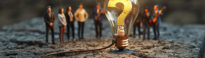 A lightbulb tethered to a question mark, surrounded by a team, showcasing how questions spark teamwork and lead to illuminated solutions - obrazy, fototapety, plakaty