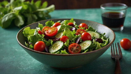 A bowl of vibrant green salad with mixed greens, cherry tomatoes, cucumbers, and balsamic vinaigrette, set against a refreshing green background.