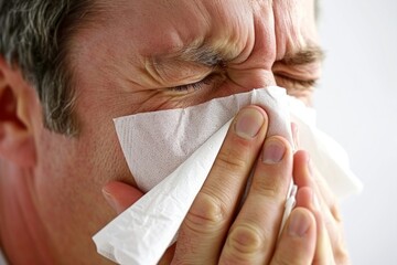 A handsome man is blowing his nose with a tissue during spring allergy season flowers blossom exhausted and uncomfortable allergens in air disease and sickness
