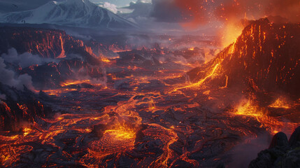 A lava field with a volcano in the background - obrazy, fototapety, plakaty