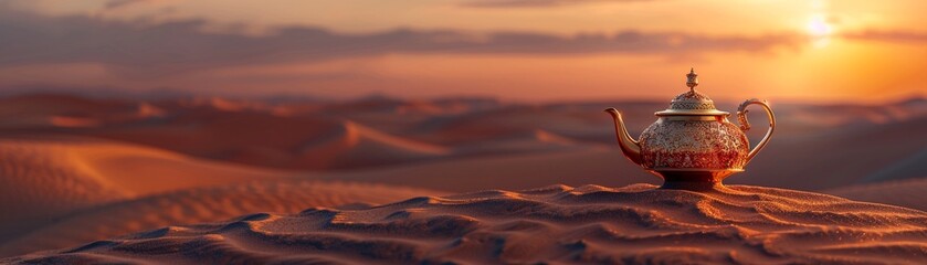 Desert scene, oriental gold teapot on sand, dunes in background, realistic, detailed, sunset light , 8K , high-resolution, ultra HD,up32K HD - obrazy, fototapety, plakaty