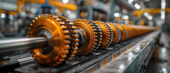 A row of gears are lined up on a conveyor belt - obrazy, fototapety, plakaty