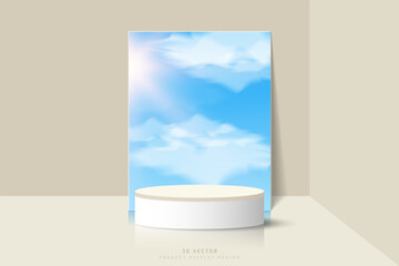 3D white cream podium display. Cylinder pedestal or stage for showcase with cloud, sky and sun in rectangle mirror glass leaning on wall near corner. Outdoor scene design for product display mockup.