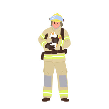 Satisfied firefighter cartoon character wearing protective suit and helmet holding saved kitten