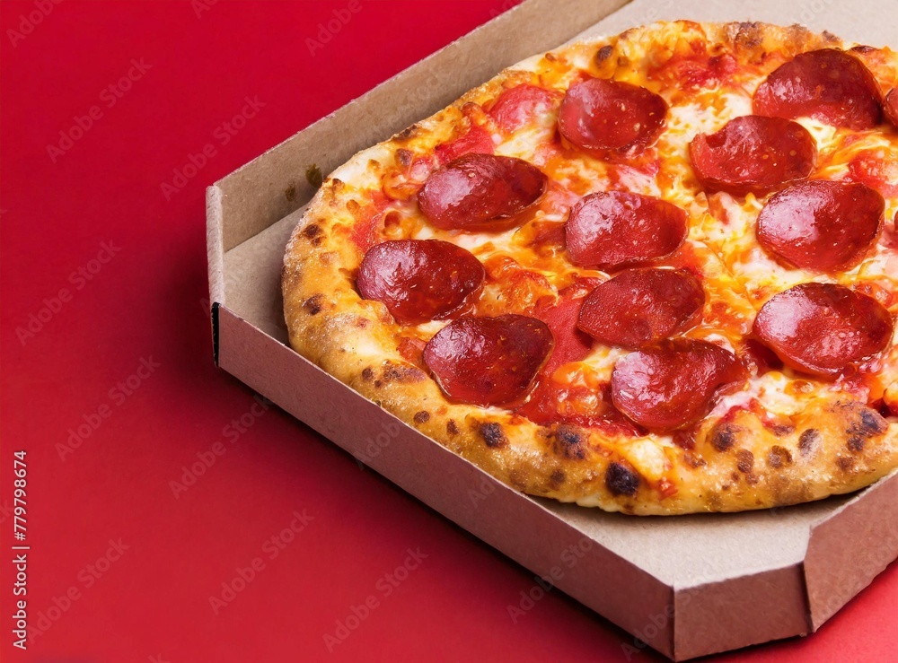 Wall mural Pepperoni pizza isolated on red background. Ideal for Pizza Shop Advertisement. Copy space for text, banner design.