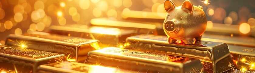 Gold bars next to a piggy bank, rich texture, golden hour light, direct overhead shot, vivid , 8K , high-resolution, ultra HD,up32K HD - obrazy, fototapety, plakaty