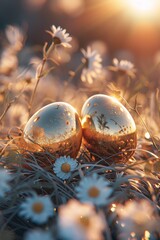 Laughing mirror eggs in chamomile embrace, sunset backlight, sharp focus, realistic texture , 8K , high-resolution, ultra HD,up32K HD