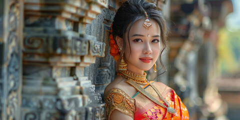Asian woman in traditional dress poses in front of stone wall at temple, showcasing beauty and culture
