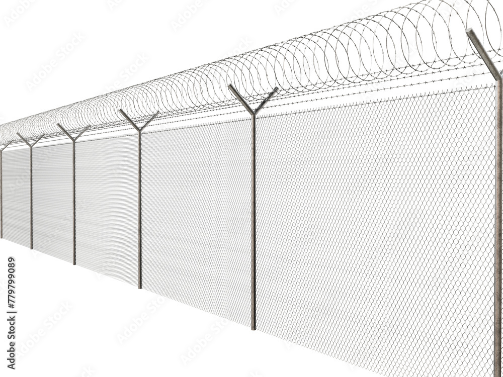 Poster realistic security barrier : a detailed 3d render features a razor barbed wire fence with a hexagona