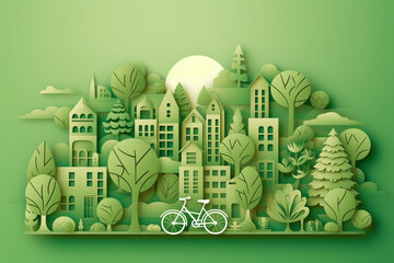 papercut style of ecosystem concept,tree,building,bicycle,vector graphic,green color