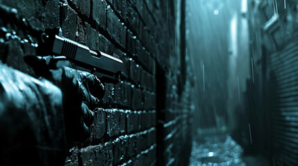 a gloved hand holding a gun against a wet brick wall in an alley Criminal underworld - obrazy, fototapety, plakaty