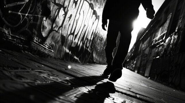 a silhouette of a criminal walking in a graffiti alley, with a bright light behide