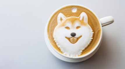Cup of coffee with latte art depicting Shiba Inu meme dog