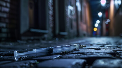 empty syringe in dark alley nighttime Crime and Danger Theme