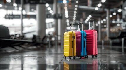 Colorful suitcases in an airport terminal, depicting travel and journey concepts. - obrazy, fototapety, plakaty