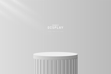 Modern 3D gray cylinder podium pedestal realistic in clean studio room with light. Minimal wall scene. Platform for show cosmetics or product display presentation. Abstract 3d vector rendering.