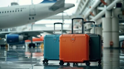Three colorful suitcases in an airport with an airplane in the background.