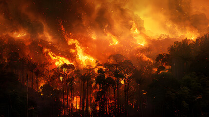Großer Waldbrand bei Nacht, Regenwald in Flammen, Brandrodung im Regenwald, Starkes Feuer im Wald,...