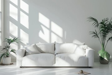 Modern living room in a bright white, clean, minimalist theme.