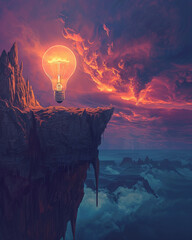 An illuminated lightbulb floating towards uncharted areas, symbolizing the pursuit of innovation and the thrill of exploration - obrazy, fototapety, plakaty