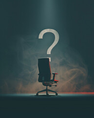 An office chair facing a giant question mark, embodying the moments of uncertainty and contemplation in business decisions - obrazy, fototapety, plakaty