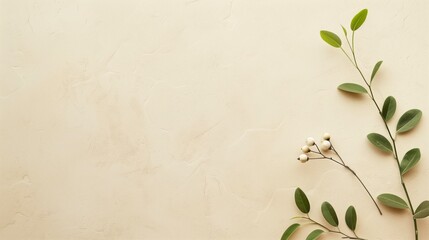 Minimalist natural leaves and berries on a textured beige background
