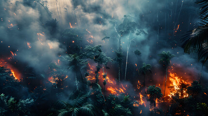 Großer Waldbrand bei Nacht, Regenwald in Flammen, Brandrodung im Regenwald, Starkes Feuer im Wald, Auswirkung auf das Klima   - obrazy, fototapety, plakaty