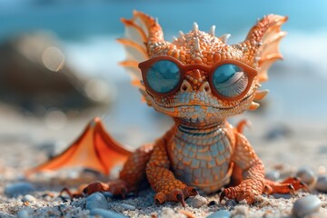 Fantasy cute dragon in sunglasses on summer beach vacation, great design postcard on holiday background. Cartoon dragon