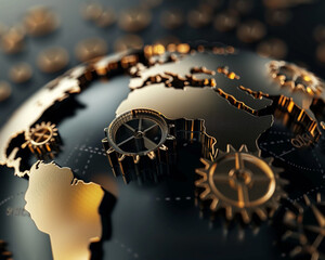 A 3D animated representation of a globe with gears turning and interlocking in harmony, - obrazy, fototapety, plakaty