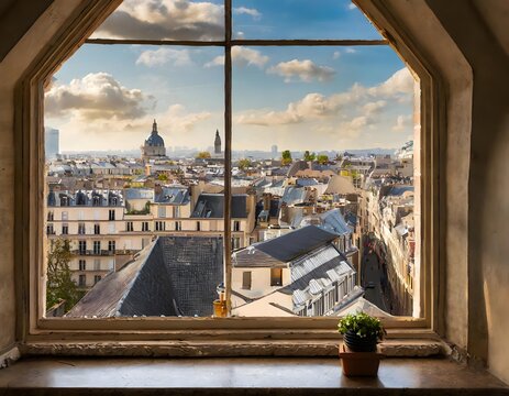 View of a city's rooftops from an attic window. Parisian style