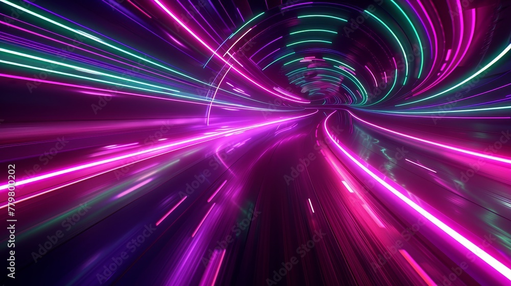 Poster 3d render abstract background with neon light lines speed, in the style of neon green and neon purpl